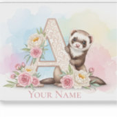 Personalized Floral Monogram 'A' with Cute Ferret Aufkleber (Vorderseite)