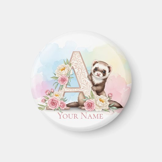Personalized Floral Monogram 'A' with Cute Ferret  Magnet (Vorne)