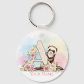 Personalized Floral Monogram 'A' with Cute Ferret Schlüsselanhänger (Vorderseite)