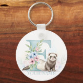 Personalized Floral Monogram 'F' with Cute Ferret  Schlüsselanhänger (Vorderseite)
