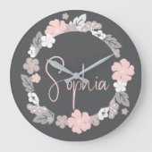Personalized Floral Name Pink Große Wanduhr (Vorderseite)