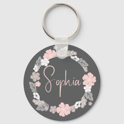 Personalized Floral Name Pink Schlüsselanhänger (Vorderseite)