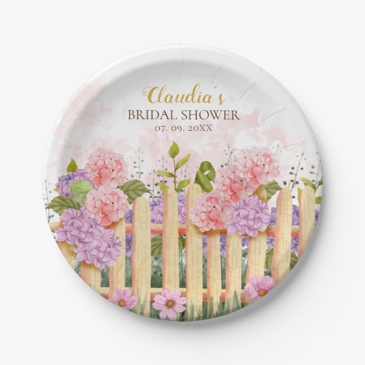 Personalized Floral Picket Fence Hydrangea Bridal  Pappteller (Vorderseite)