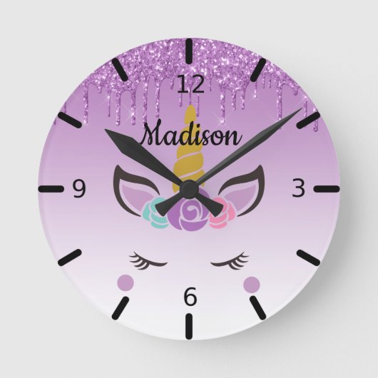 Personalized Floral Sleeping Unicorn Runde Wanduhr (Vorderseite)