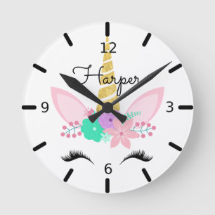 Personalized Floral Smiling Unicorn Runde Wanduhr