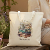 Personalized Floral Stacked Books Tragetasche