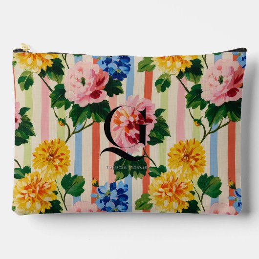 Personalized Floral Stripe Monogram Zubehörtasche (Vorderseite)