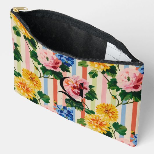 Personalized Floral Stripe Monogram Zubehörtasche (Offen)