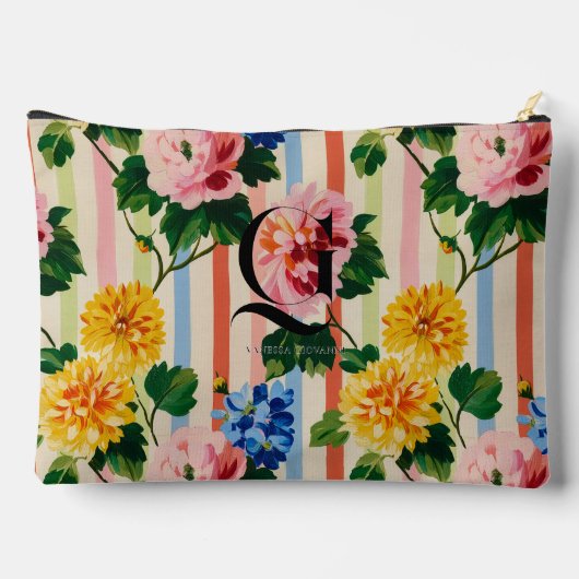 Personalized Floral Stripe Monogram Zubehörtasche (Rückseite)