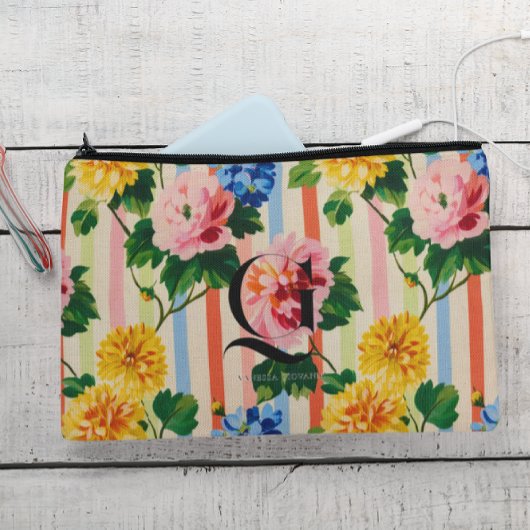 Personalized Floral Stripe Monogram Zubehörtasche