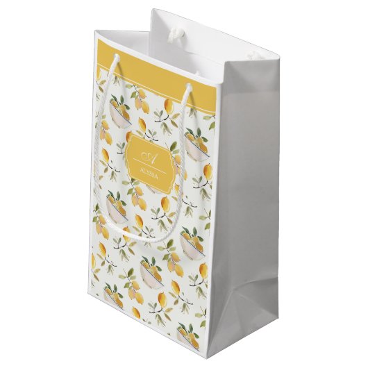 Personalized French Country Lemon Pattern Monogram Kleine Geschenktüte (Rückseite Schrägansicht)