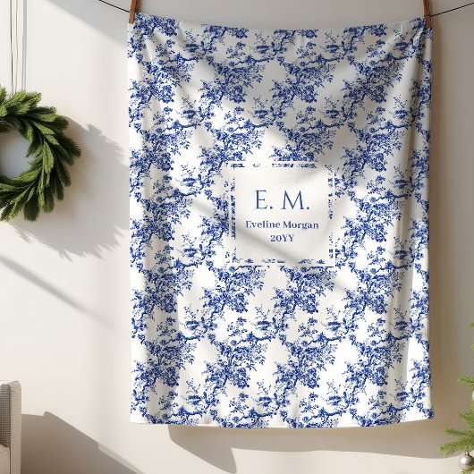 Personalized French Toile Floral Blue Blanket Gift Sherpadecke