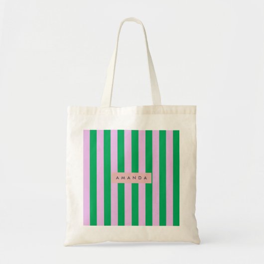 Personalized Fresh Green and Pink Striped Retro Tragetasche (Vorne)