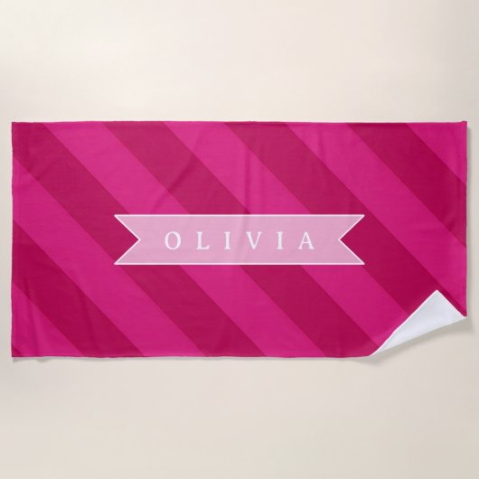 Personalized Fun Cute Modern Pink Stripe Strandtuch (Vorderseite)