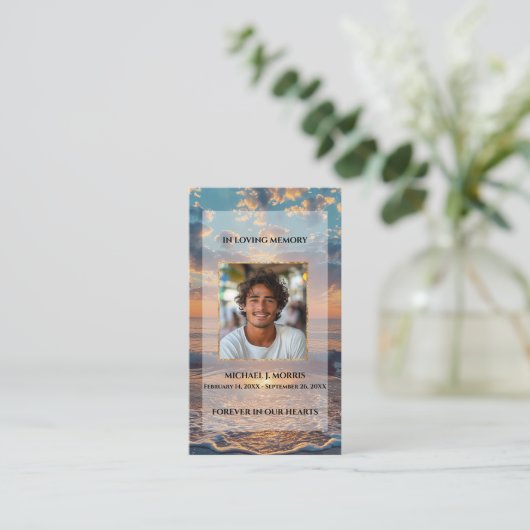 Personalized Funeral Prayer Card – Sunset Design Visitenkarte (Stehend Vorderseite)