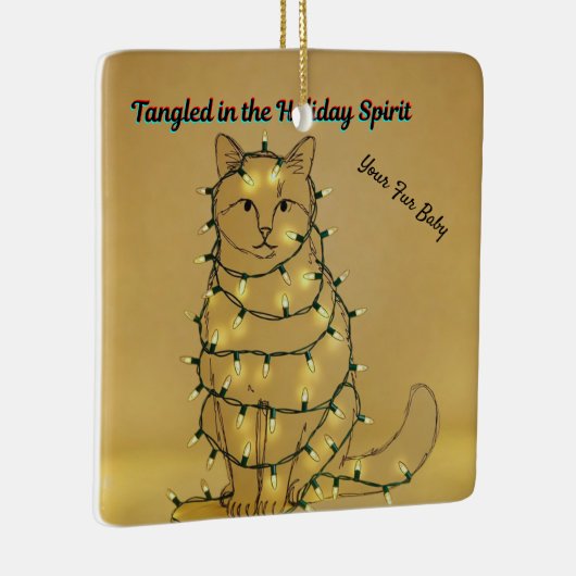 Personalized Funny Cat Tangled in Lights Keramikornament (Rechts)