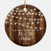 Personalized Gay Wedding Rustic Wood String Lights Keramik Ornament (Hinten)