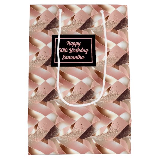 Personalized Gift Bag Rose Gold and Black Wrap Mittlere Geschenktüte (Rückseite)