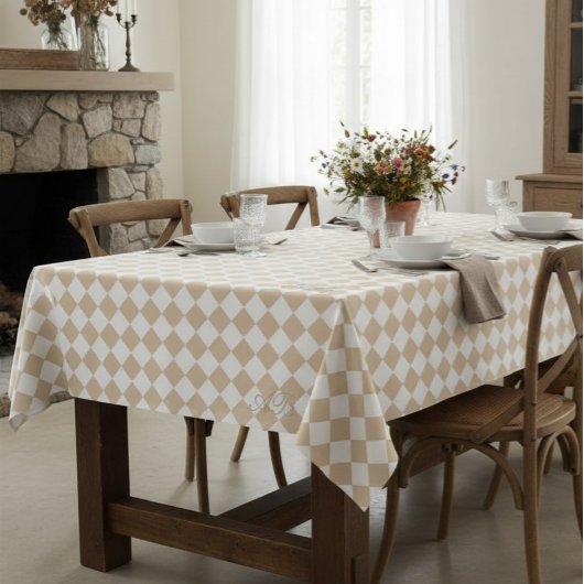 Personalized Gingham Tablecloth, White and Beige Tischdecke