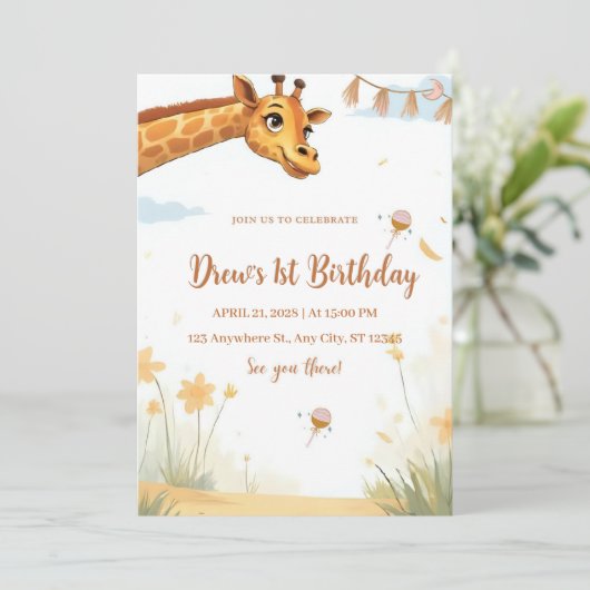 Personalized Giraffe Safari Birthday Invitation Einladung (Stehend Vorderseite)