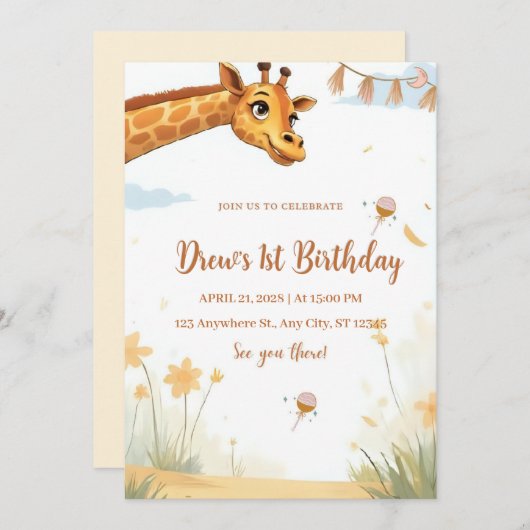 Personalized Giraffe Safari Birthday Invitation Einladung (Vorne/Hinten)