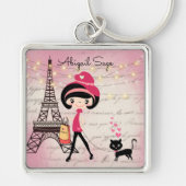 Personalized Girl and Cat in Paris Eiffel Tower Schlüsselanhänger (Vorne)