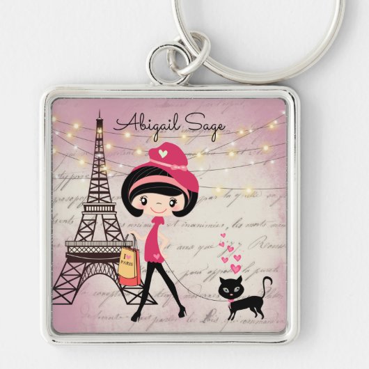 Personalized Girl and Cat in Paris Eiffel Tower Schlüsselanhänger (Vorne)