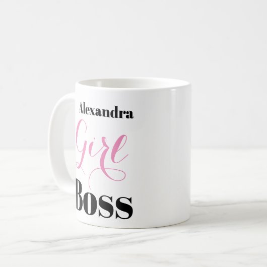 Personalized Girl Boss Pink Black Elegant Script  Kaffeetasse (Vorderseite Links)