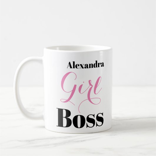Personalized Girl Boss Pink Black Elegant Script  Kaffeetasse (Links)
