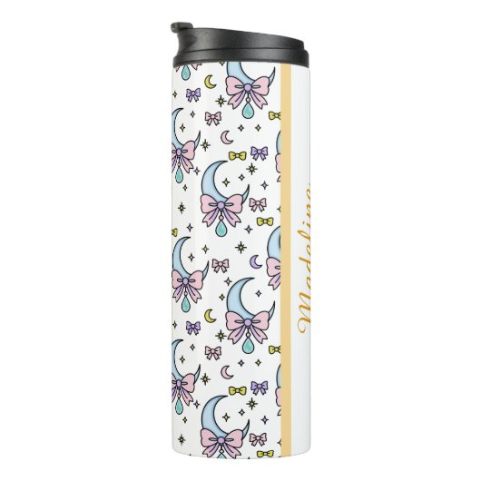 Personalized Girl Cute Bow Name Moons White Thermosbecher (Nach rechts gedreht)