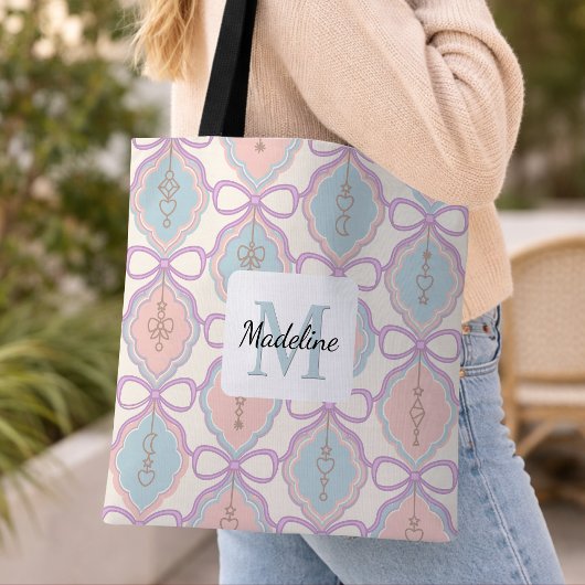 Personalized Girl Pastel Cute Bow Name Blue Pink Tasche