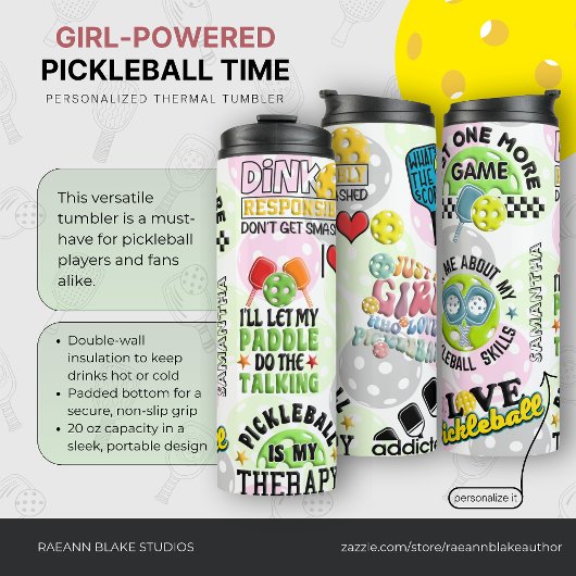 Personalized "Girl-Powered Pickleball Time" Thermosbecher