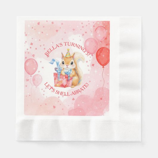 Personalized Girl's Birthday Squirrel Pink and Red Serviette (Vorderseite)