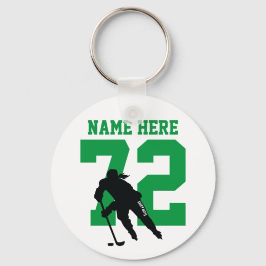 Personalized Girls Hockey Player Name Number Green Schlüsselanhänger (Vorderseite)