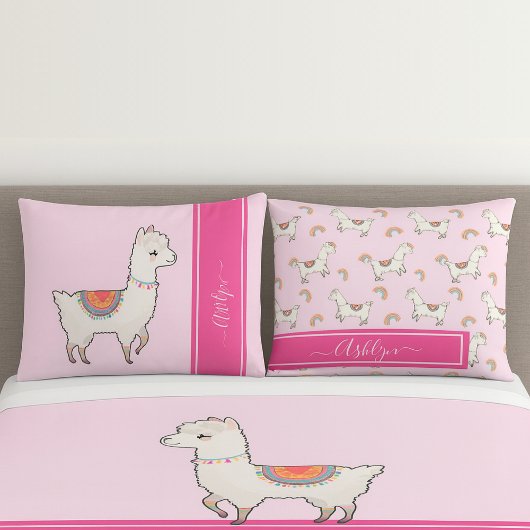Personalized Girls Hot Pink Cute Rainbow Llama Kissenbezug