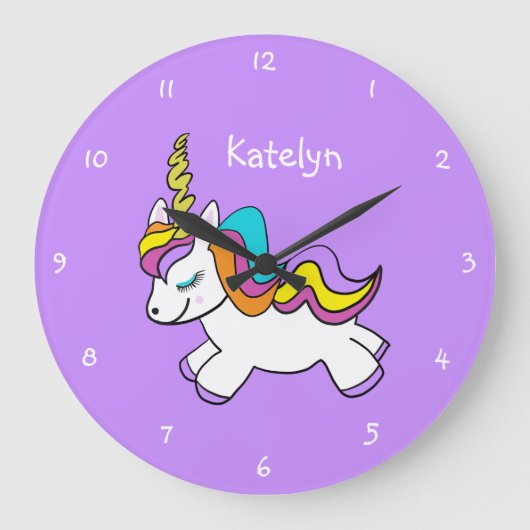 Personalized Girls Purple Unicorn Große Wanduhr (Vorderseite)