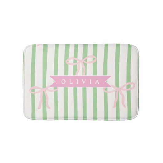 Personalized Girly Coquette Green Stripe Bow Badematte (Vorderseite)