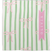 Personalized Girly Coquette Green Stripe Bow Duschvorhang (Vorderseite)