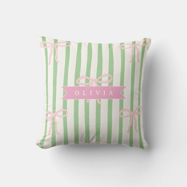 Personalized Girly Coquette Green Stripe Bow Kissen (Vorderseite)