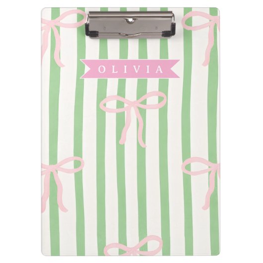 Personalized Girly Coquette Green Stripe Bow Klemmbrett (Vorderseite)