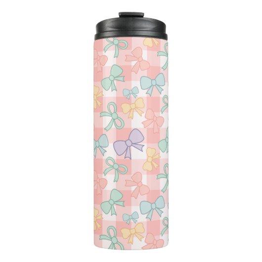 Personalized Girly Cute Bow Name Gingham Thermosbecher (Vorderseite)