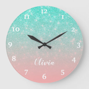 Personalized Girly Mint Pink Glitter Glam Ombre Große Wanduhr