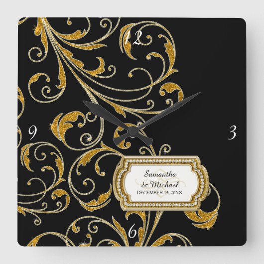 Personalized Glam Old Hollywood Regency Black Tie Quadratische Wanduhr (Vorderseite)