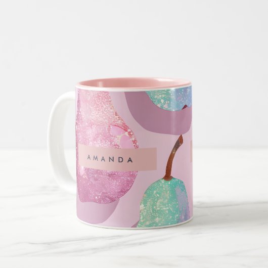 Personalized Glitter Pink and Aqua Pears Zweifarbige Tasse (Vorderseite Links)