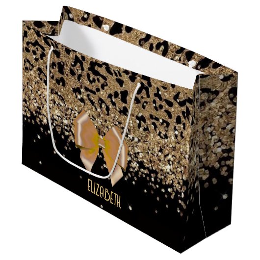 Personalized Gold Black Leopardwith Elegant Golden Große Geschenktüte (Vorderseite Schrägansicht)