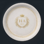 Personalized Gold Crest Paper Plates Pappteller<br><div class="desc">Add a royal touch to your celebration with these elegant personalized paper plates featuring a luxurious gold crest design. Customized with your initials and year, these disposable party plates are perfect for weddings, engagements, anniversaries, birthdays, baby showers, and special events. Designed with a sophisticated double gold rim and crown emblem,...</div>