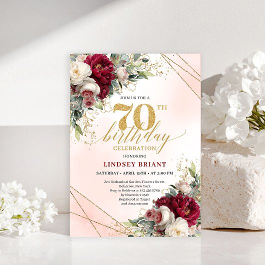 Personalized Gold Floral 70th Birthday Invitation Einladung