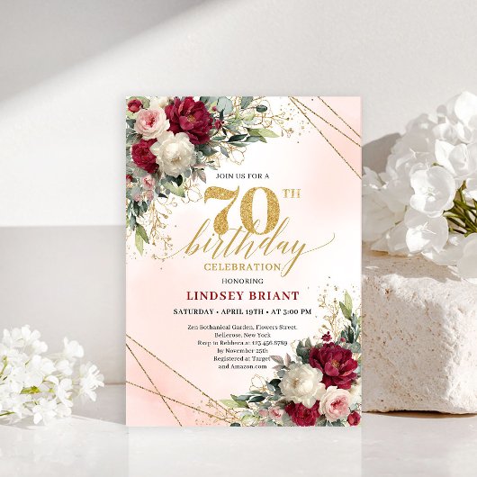 Personalized gold floral 70th birthday invite men einladung