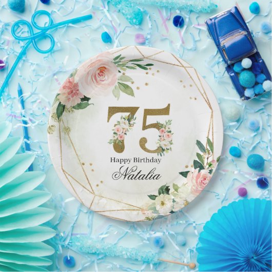 Personalized Gold & Floral 75th Custom Pappteller (Party)