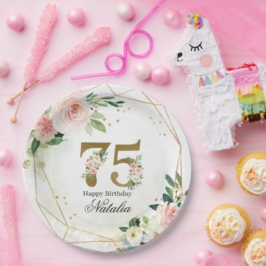 Personalized Gold & Floral 75th Custom Pappteller (Party)